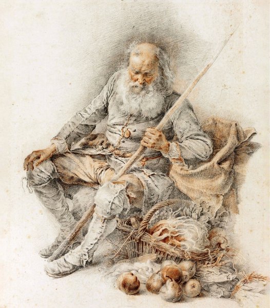 Old Man with a Basket of Fruit and Vegetables  by Jacques Andre Portail - Hand-Painted Oil Painting Reproduction