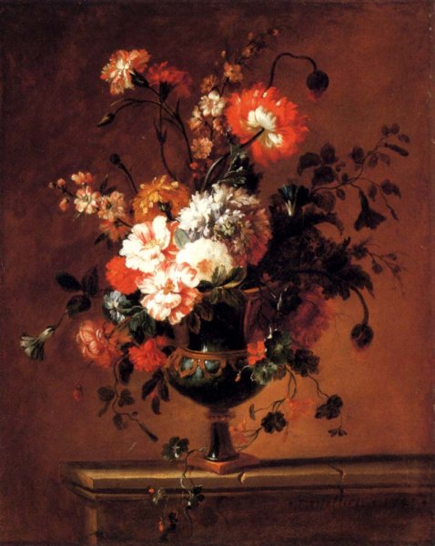 A Parrot Tulip, Peonies and Other Flowers in an Urn on a Ledge