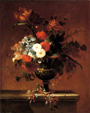 Carnations, Peonies, Narcissi and Other Flowers in an Urn on a Ledge by Jacques-Charles Dutillieu Oil Painting