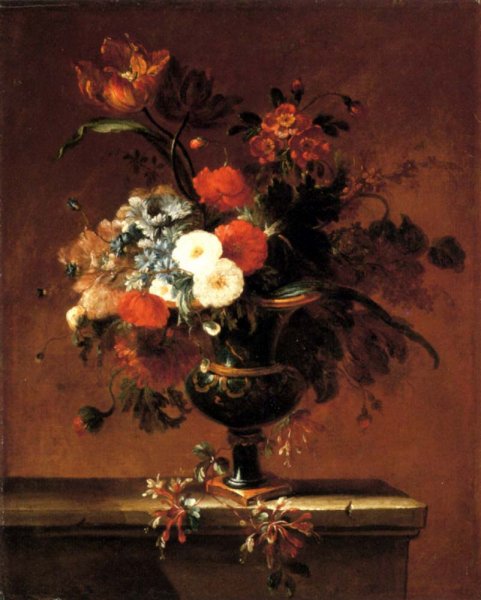 Carnations, Peonies, Narcissi and Other Flowers in an Urn on a Ledge