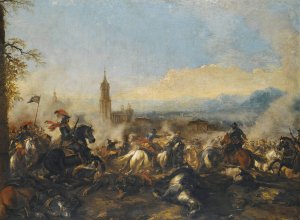 A Cavalry Engagement, A Cathedral Beyond by Jacques Courtois Oil Painting