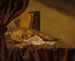 A vanitas still life with a skull, musical instruments, books, playing cards, an ink pot, an overturned tazza and an oil lamp on a draped table by Jacques De Claeuw Oil Painting