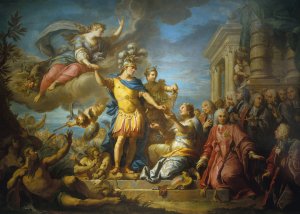 Allegorie en l'honneur de la publication de la paix d'Aix-la-Chapelle, le 13 fevrier 1749 by Jacques Dumont Oil Painting