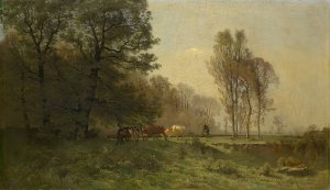 Landscape with Ploughing Farmers by Jacques Dunant Oil Painting