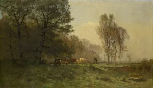 Landscape with Ploughing Farmers by Jacques Dunant Oil Painting