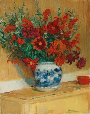 Bouquet de fleurs au vase bleu by Jacques-Emile Blanche Oil Painting