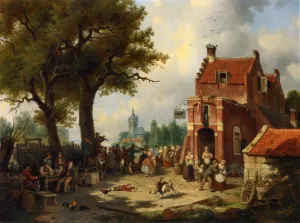 Festivities Outside the Inn by Jacques Francois Carabain - Oil Painting Reproduction