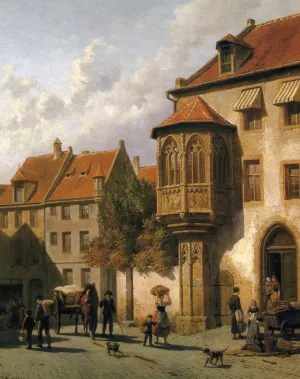 Figures in the Street of a Dutch Town by Jacques Francois Carabain Oil Painting