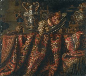 A Still Life With Pomegranates, And Grapes On A Table Draped With An Ornate Turkish Carpet And Assorted Orfevrerie by Jacques Hupin Oil Painting
