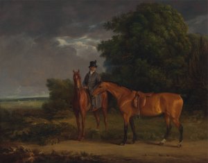 A Groom Mounted on a Chestnut Hunter, He Holds a Bay Hunter by the Reins by Jacques-Laurent Agasse Oil Painting