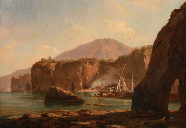 Grottes et falaises au bord de la mer  by Jacques-Raymond Brascassat - Hand-Painted Oil Painting Reproduction