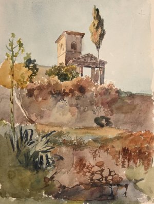 Jardin et eglise avec portique antique by Jacques-Raymond Brascassat Oil Painting