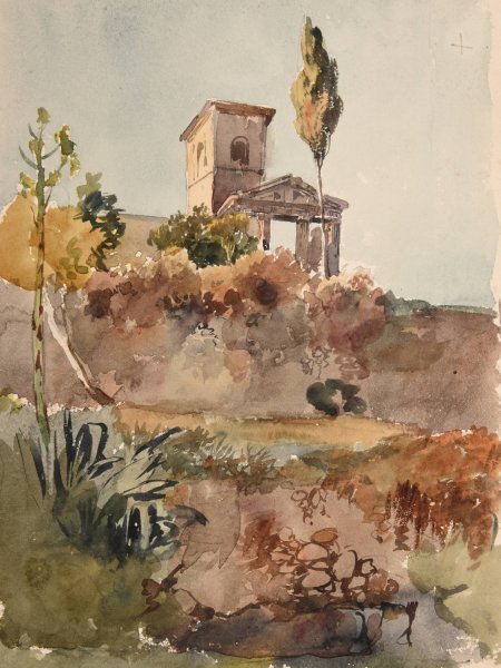 Jardin et eglise avec portique antique by Jacques-Raymond Brascassat - Hand-Painted Oil Painting Reproduction