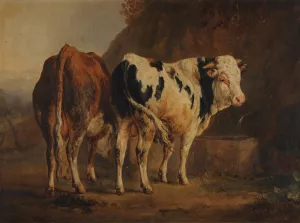Taureau a robe blanche et noire et vache a robe brune by Jacques-Raymond Brascassat Oil Painting