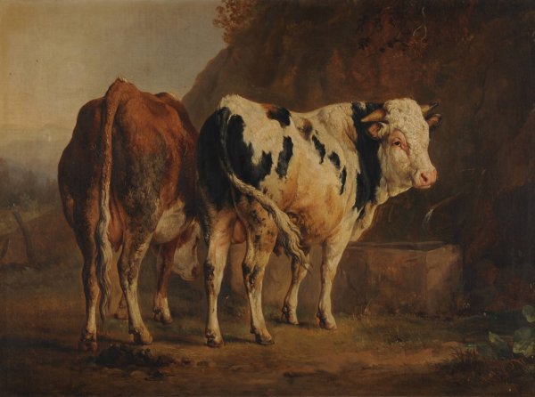 Taureau a robe blanche et noire et vache a robe brune by Jacques-Raymond Brascassat - Hand-Painted Oil Painting Reproduction