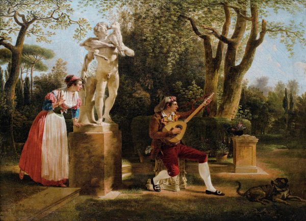 Elegante Listening To A Guitar Player In A Park In Rome  by Jacques Sablet - Hand-Painted Oil Painting Reproduction