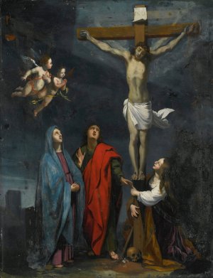 Christ On The Cross With Saint John And Mary Magdalene by Jacques Stella (Follower) Oil Painting