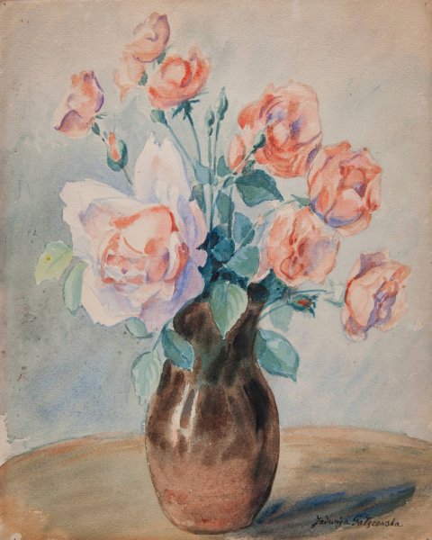Roses in a vase  by Jadwiga Galezowska - Hand-Painted Oil Painting Reproduction