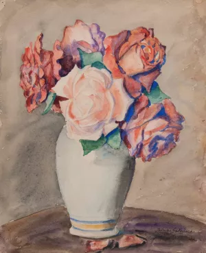 Roses in a white vase by Jadwiga Galezowska Oil Painting