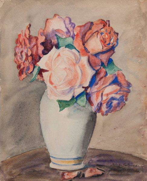 Roses in a white vase  by Jadwiga Galezowska - Hand-Painted Oil Painting Reproduction