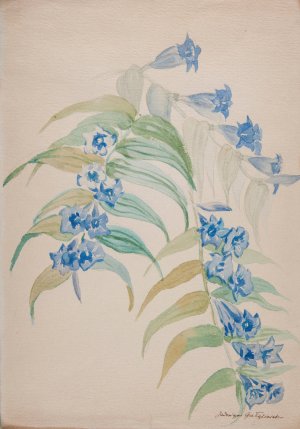 Twigs with blue flowers by Jadwiga Galezowska Oil Painting