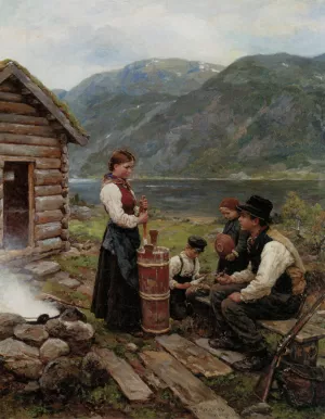 Familie Norsk Fjordlandskap by Jahn Ekenaes - Oil Painting Reproduction