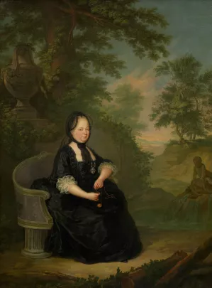 Maria Theresia in Witwentracht, auf einer Steinbank sitzend by Janos Donat Oil Painting