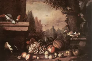 Fruit with Birds and Guinea-pig by Jakob Bogdany Oil Painting