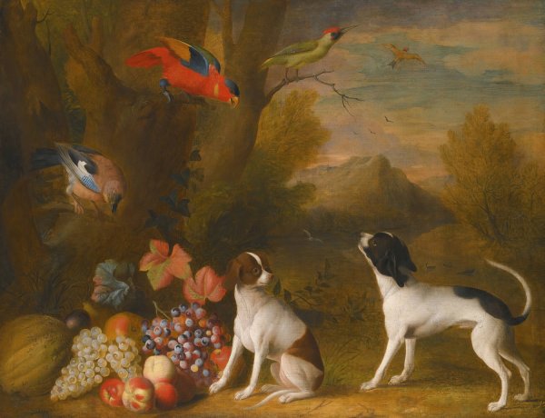 Main Product Photo of Landscape With Exotic Birds And Two Dogs Painting by Jakob Bogdany