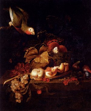 Still Life of Grapes, a Halved Peach and Cherries Resting on a Table with a Parrot