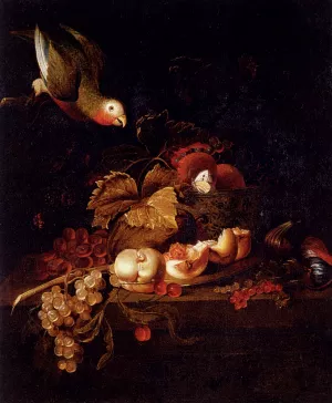Still Life of Grapes, a Halved Peach and Cherries Resting on a Table with a Parrot Oil painting by Jakob Bogdany