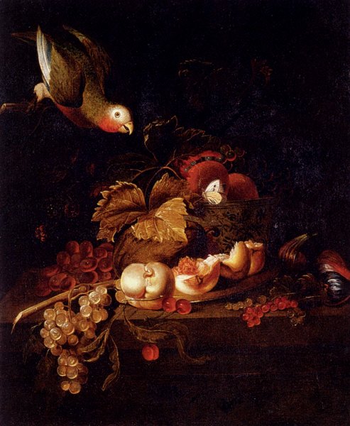 Main Product Photo of Still Life of Grapes, a Halved Peach and Cherries Resting on a Table with a Parrot Painting by Jakob Bogdany