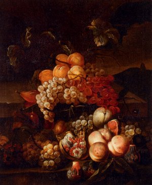 Still Life Of Grapes, Peaches, And Figs With A Landscape Beyond