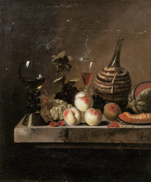 Main Product Photo of Still Life With Fruit, A Wine Flask In A Basket And A Large Roemer Painting by Jakob Bogdany