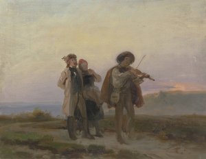 Abendlicher Spaziergang, Geiger und Bauernpaar auf den Feldern by Jakob Becker Oil Painting