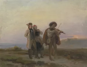 Abendlicher Spaziergang, Geiger und Bauernpaar auf den Feldern by Jakob Becker Oil Painting