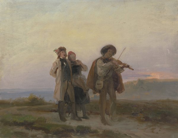 Main Product Photo of Abendlicher Spaziergang, Geiger und Bauernpaar auf den Feldern Painting by Jakob Becker