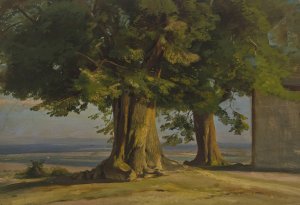 Alte Baume und Ausblick auf weite Ebene by Jakob Becker Oil Painting