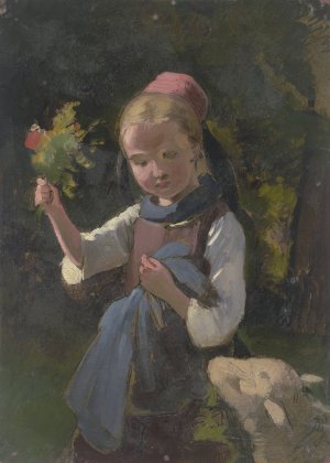 Bauernmadchen mit Blumenstraus, von rechts ein ein Schaf by Jakob Becker Oil Painting