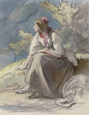 Bauernmadchen nach links, auf einer Rasenbank sitzend by Jakob Becker Oil Painting