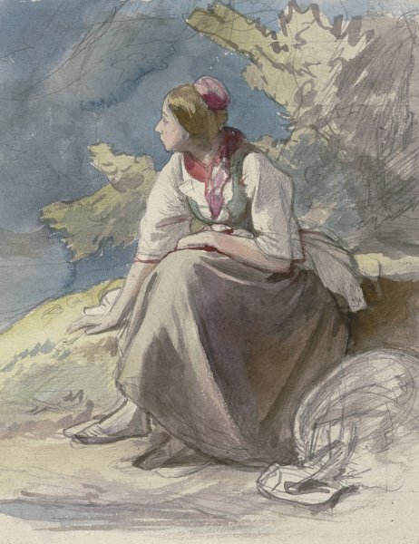 Main Product Photo of Bauernmadchen nach links, auf einer Rasenbank sitzend Painting by Jakob Becker