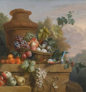 Still Life With A Basket Of Fruit, A Parrot And An Urn On A Carved Stone Ledge by Jakob Bogdany (Follower) Oil Painting