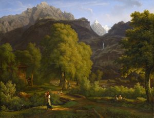 In the village of Meiringen towards the Well- and Wetterhorn by Jakob Christoph Miville Oil Painting