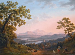 A View Along The Valley Of The River Tiber Towards Poggio Mirteto, And Beyond The Sabine Mountains Lit Up By The Evening Sun by Jakob Philipp Hackert Oil Painting