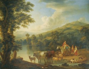 A Wooded River Landscape With A Woman On A Grey Horse With Animals Watering by Jakob Philipp Hackert Oil Painting