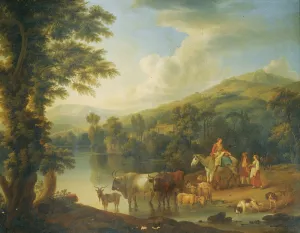 A Wooded River Landscape With A Woman On A Grey Horse With Animals Watering by Jakob Philipp Hackert Oil Painting