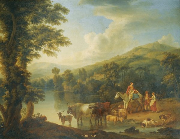 Main Product Photo of A Wooded River Landscape With A Woman On A Grey Horse With Animals Watering  Painting by Jakob Philipp Hackert