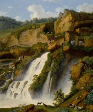 View of the Waterfall at Anitrella with Goats grazing nearby by Jakob Philipp Hackert Oil Painting