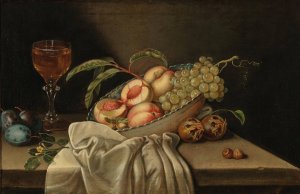 Mixed fruit in a bowl, a glass of wine and a cloth on a table by Jakob Samuel Beck Oil Painting