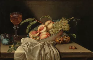 Mixed fruit in a bowl, a glass of wine and a cloth on a table by Jakob Samuel Beck Oil Painting